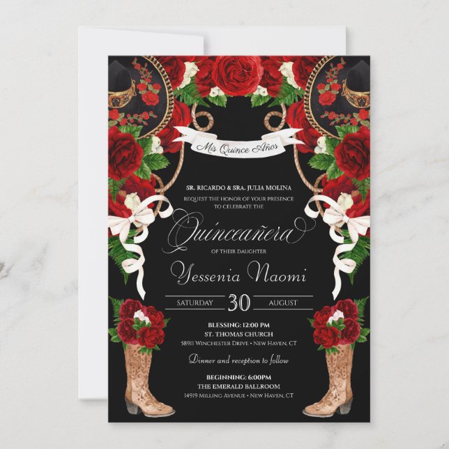 Röd ros & Black Mariachi/Charro Quinceanera Inbjudningar (Framsida)