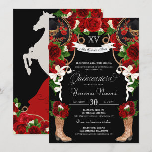 Röd ros & Black Mariachi Vaquera Quinceanera Inbjudningar