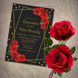 Röd ros Black och Guld Quinceañera Inbjudningar