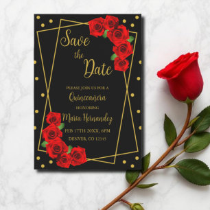 Röd ros Black och Guld Quinceañera Spara Datumet