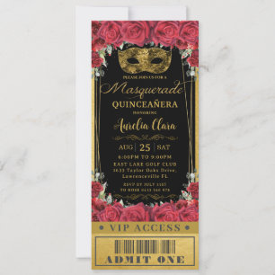 Röd ros Black Quinceañera Masquuppad VIP Biljett Inbjudningar