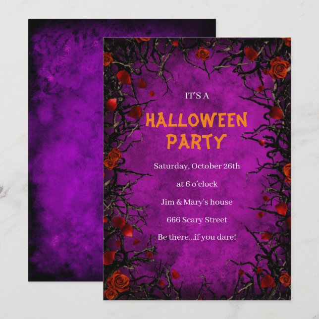 Röd ros Black Vines Lila Parchment Halloween Inbjudningar (Fram/baksida)