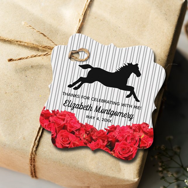Röd ros Black White Rand Derby Tävling Horse Gåvor Etiketter (2" x 2" fancy square bridal shower favor tags - set of 12)
