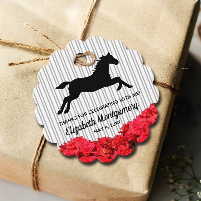 Röd ros Black White Rand Derby Tävling Horse Gåvor Etiketter (1.75" scallop edge favor tags sold in sets of 12 come with pre-punched hole, double-sided printing. )