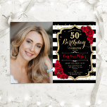 Röd ros Black White Rand Photo 50:e födelsedagen Inbjudningar<br><div class="desc">Femininininbjudan till elegantens blommigt på 50 år med ditt foto. Glam svartvit design med faux glitter guld. Innehåller svart och vitt rand, röd ros, skript och konetti. Perfekt för en snyggt vuxen under firande party. Anpassa med dina egna detaljer. Kan anpassas för vilken ålder som helst! Skrivna Zazzle-inbjudningar eller digital...</div>