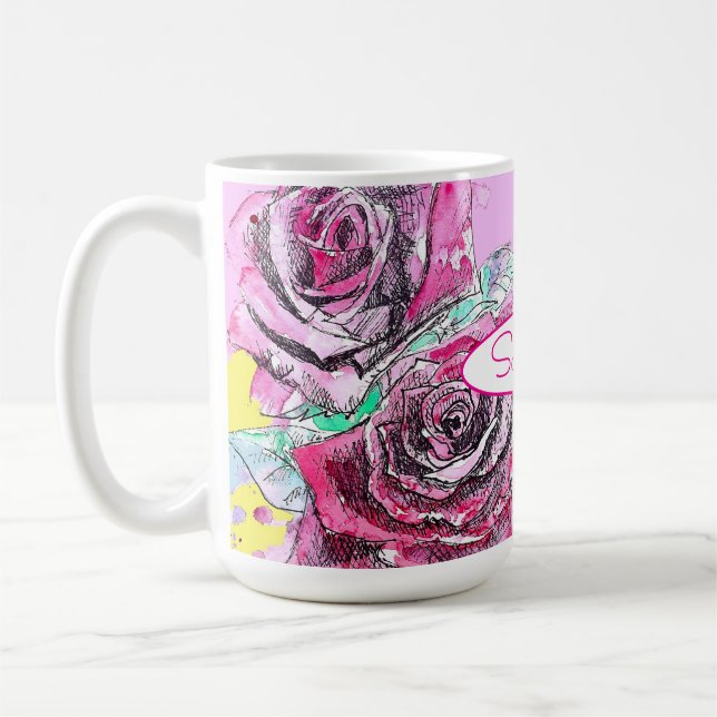 Röd ros blomma akvarell färgrik rosa konst kaffemugg (Vänster)