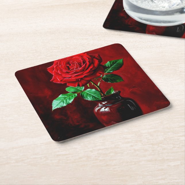 Röd ros blomma målning  underlägg papper kvadrat (Vinklad)