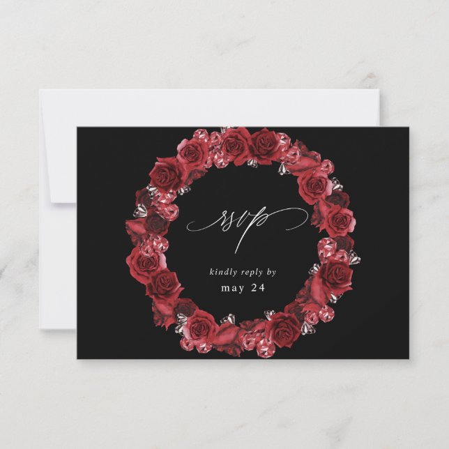 Röd Ros Blommig & Kristall med måltids RSVP - Svar (Framsida)