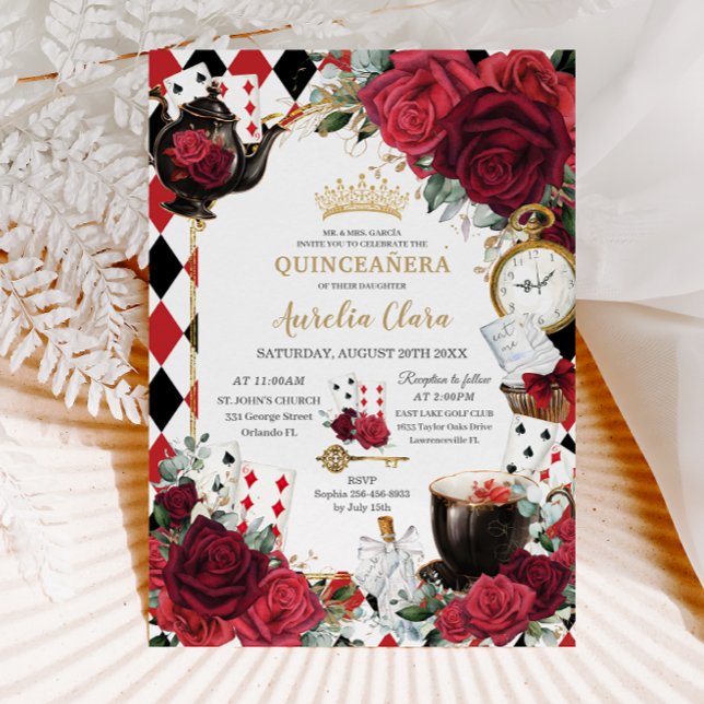 Röd ros Blommigt Alice i Wonderland Quinceañera Inbjudningar (Skapare uppladdad)
