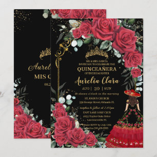 Röd ros Blommigt Black Charro Quinceañera Inbjudningar