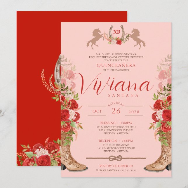 Röd ros Blommigt Boots Western Charra Quinceanera Inbjudningar (Fram/baksida)