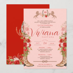 Röd ros Blommigt Boots Western Charra Quinceanera Inbjudningar