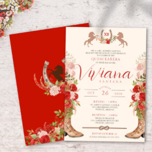 Röd ros Blommigt Boots Western Charra Quinceanera Inbjudningar