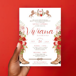 Röd ros Blommigt Boots Western Charra Quinceanera Inbjudningar