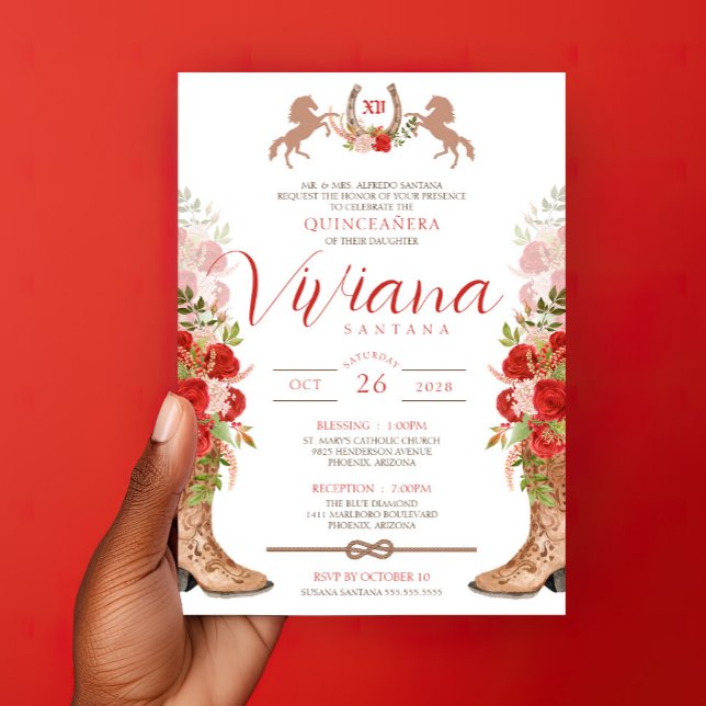 Röd ros Blommigt Boots Western Charra Quinceanera Inbjudningar (Skapare uppladdad)