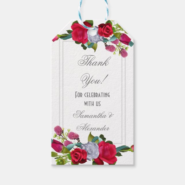 Röd ros blommigt bröllop presentetikett (Framsidan)