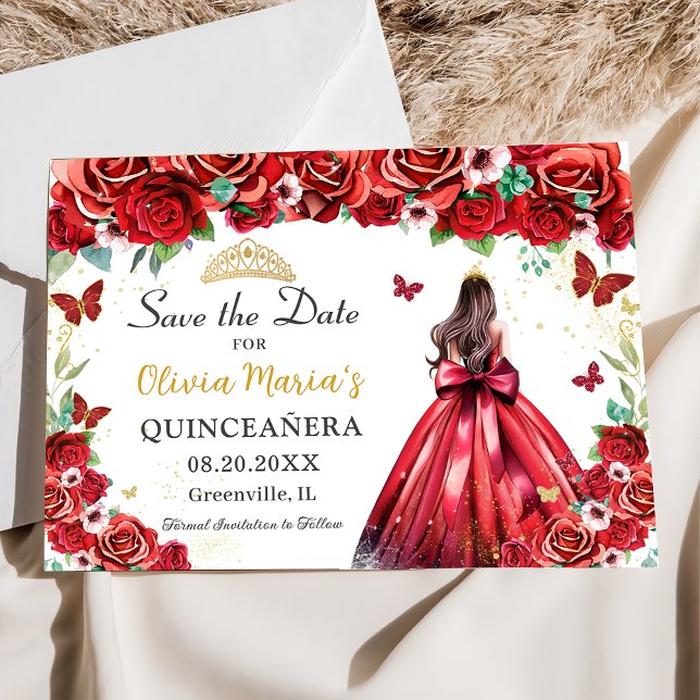 Röd ros Blommigt Butterflies Princess Quinceañera Spara Datumet (Skapare uppladdad)