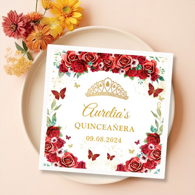 Röd ros Blommigt Butterflies Quinceanera Napkins Pappersservett (Skapare uppladdad)