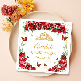 Röd ros Blommigt Butterflies Quinceanera Napkins Pappersservett