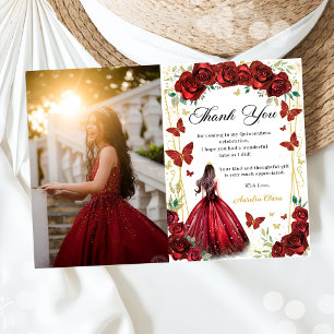 Röd ros Blommigt Butterflies Quinceañera Photo Tack Kort