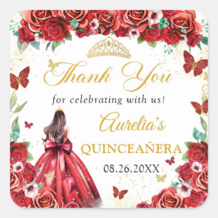 Röd ros Blommigt Butterflies Quinceañera Princess Fyrkantigt Klistermärke