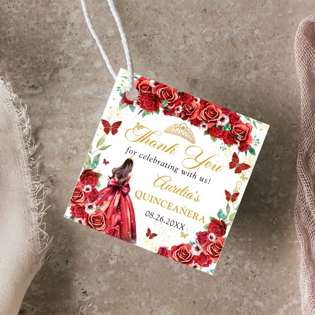 Röd ros Blommigt Butterflies Quinceañera Princess Gåvor Etiketter (Skapare uppladdad)