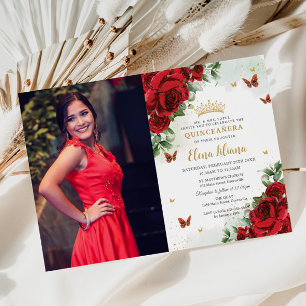 Röd ros Blommigt Butterflies Quinceañera Sweet 16 Inbjudningar