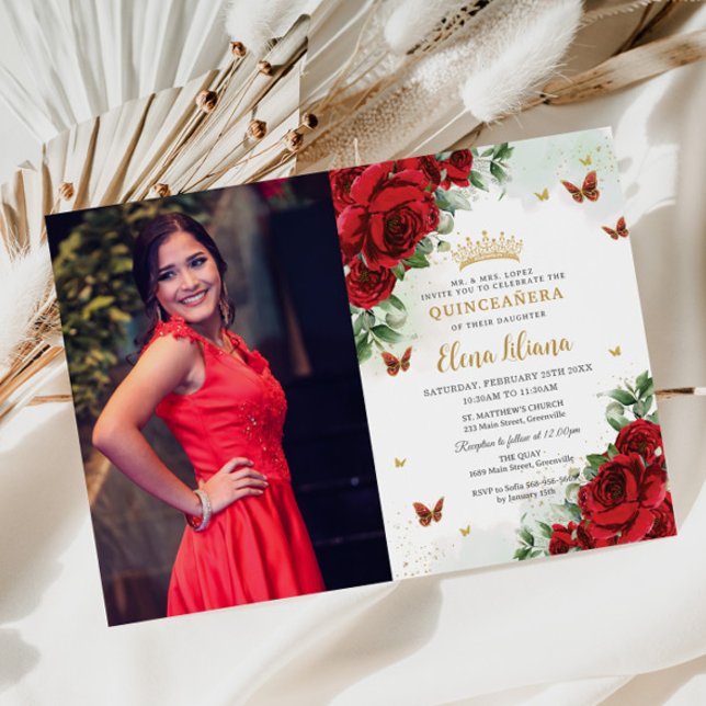 Röd ros Blommigt Butterflies Quinceañera Sweet 16 Inbjudningar (Skapare uppladdad)