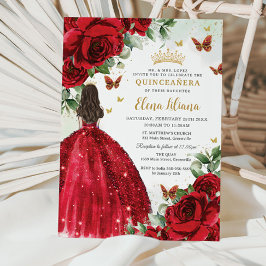 Röd ros Blommigt Butterflies Quinceañera Sweet 16 Inbjudningar