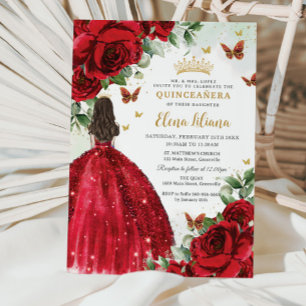 Röd ros Blommigt Butterflies Quinceañera Sweet 16 Inbjudningar