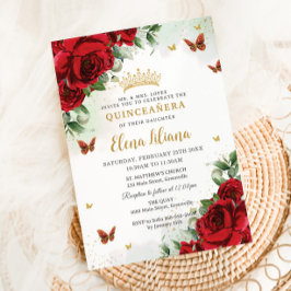 Röd ros Blommigt Butterflies Quinceañera Sweet 16 Inbjudningar