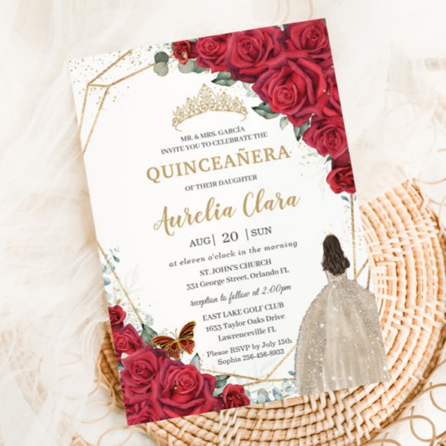 Röd ros Blommigt Champagne Dress Girl Quinceañera Inbjudningar (Skapare uppladdad)