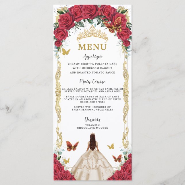 Röd ros Blommigt Champagne Dress Quinceañera Menu Program (Framsida)