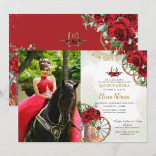 Röd ros Blommigt Charro Boots Quinceañera Bild Inbjudningar