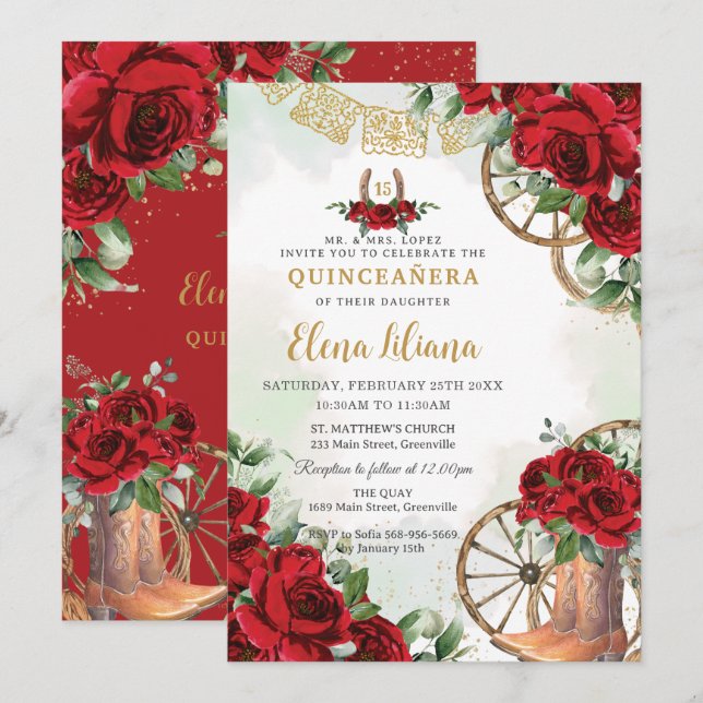 Röd ros Blommigt Charro Boots Sweet 16 Quinceañera Inbjudningar (Fram/baksida)