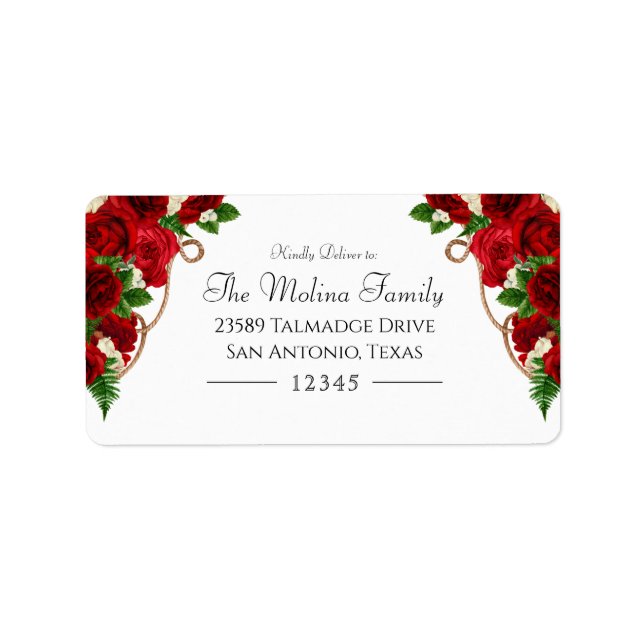 Röd ros Blommigt Charro Quinceanera Adress Adressetikett (Framsidan)