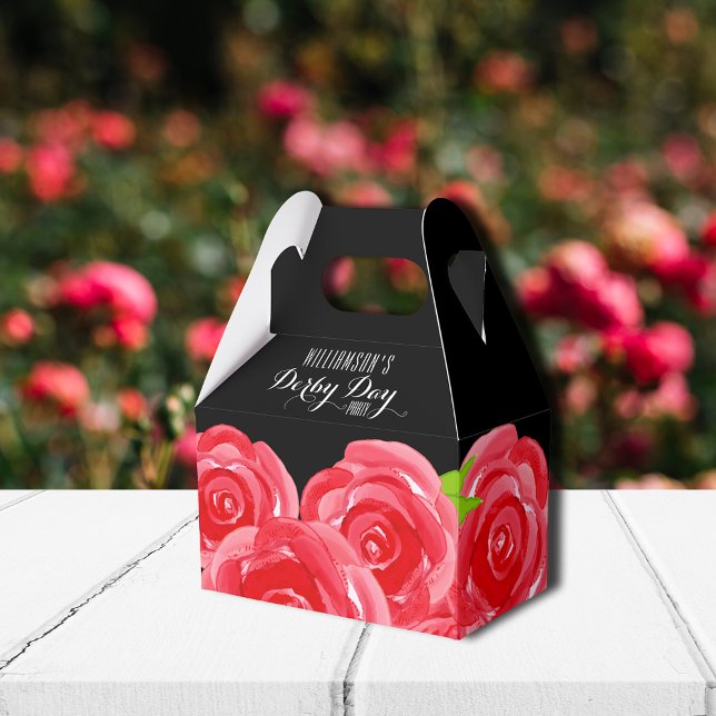 Röd ros Blommigt Derby Gable Stil Presentaskar (Gable style party favor boxes 4"w x 2.5"l x 5"h)