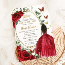 Röd ros Blommigt Dress Guld Quinceañera Sweet 16 Inbjudningar