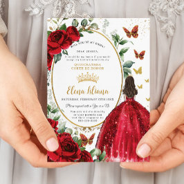 Röd ros Blommigt Dress Quinceañera Dama Request Inbjudningar