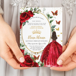 Röd ros Blommigt Dress Quinceañera Dama Request Inbjudningar