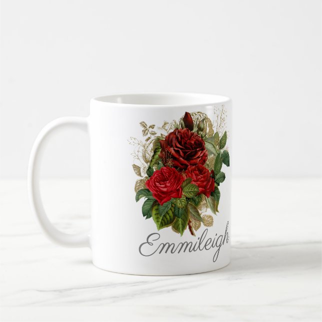 Röd ros Blommigt Elegant Vintage Namn Kaffemugg (Vänster)