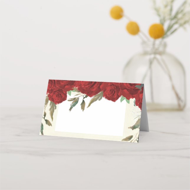 Röd ros blommigt elfenbensplatskort bröllop placeringskort (Framsida)