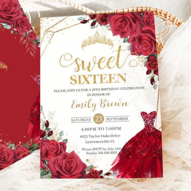 Röd ros Blommigt Guld Princess Dress Sweet 16 Inbjudningar (Skapare uppladdad)
