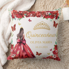Röd ros Blommigt Guld Princess Tiara Quinceanera Kudde