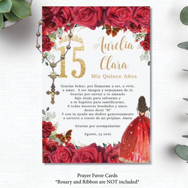 Röd ros Blommigt Guld Quinceañera 15 Prayer Card Tilläggskort (Skapare uppladdad)