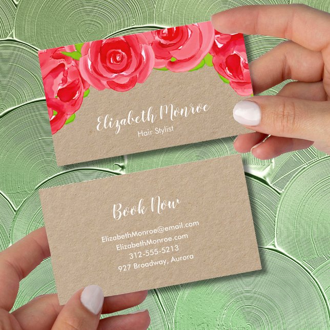 Röd ros Blommigt Hair Stylist Salon Makeup Kraft Visitkort (Skapare uppladdad)