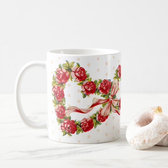 Röd ros Blommigt Hjärtkramper Elegant Utsöndring V Kaffemugg (Med munk)