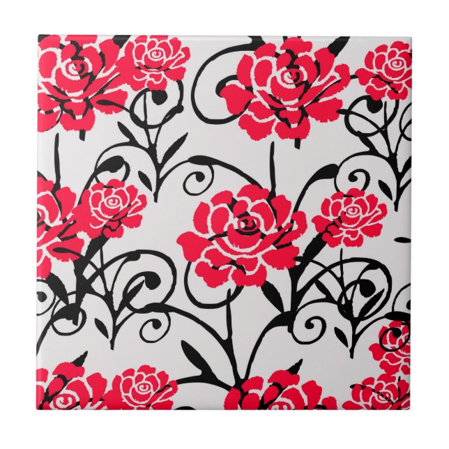 Röd ros Blommigt Illustration Mönster Design Kakelplatta (Framsidan)