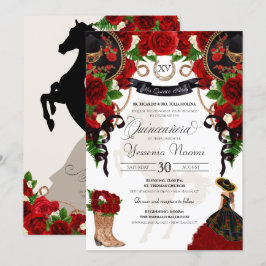Röd ros Blommigt Mariachi Charro Quinceanera Inbjudningar