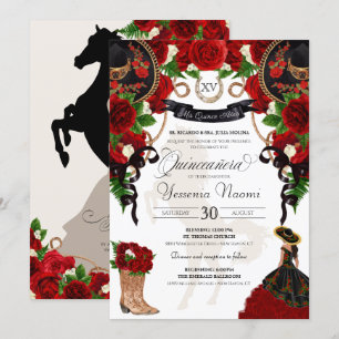 Röd ros Blommigt Mariachi Charro Quinceanera Inbjudningar